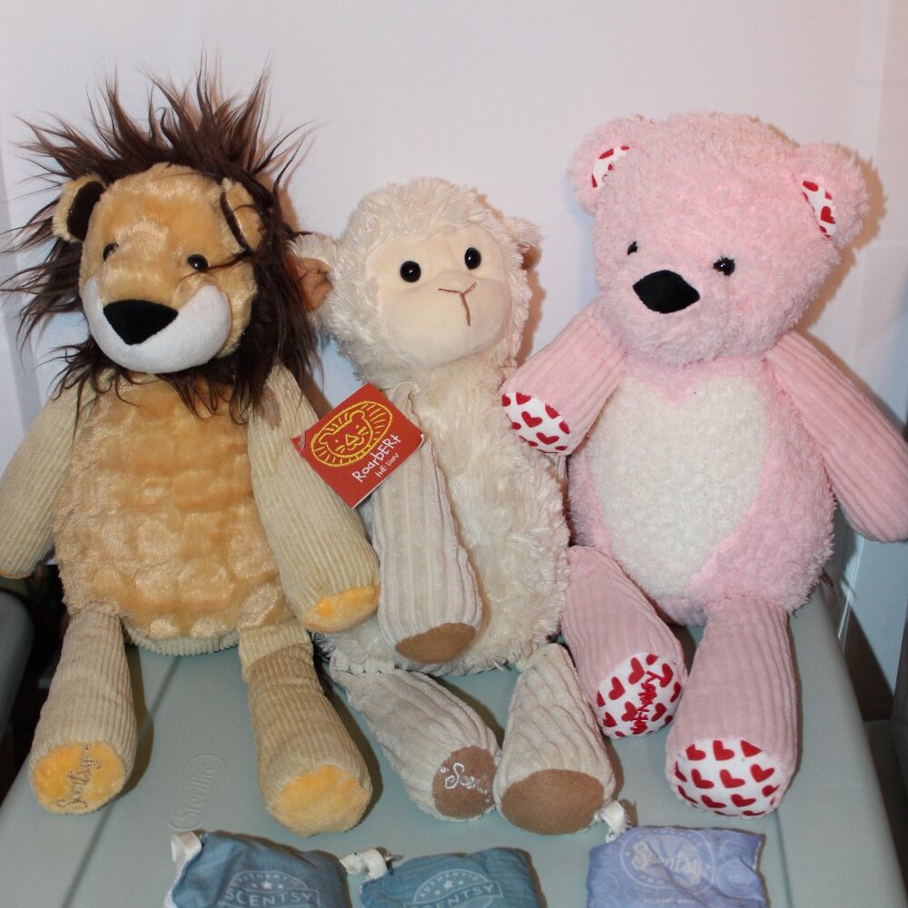 3 Scentsy Buddy & Scent Packets Lamb, Teddy Bear, and Roarbert the Lion